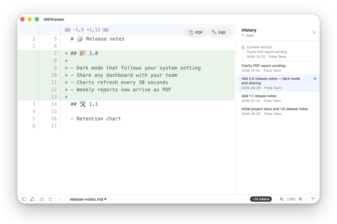 Git history panel with a color-coded diff of a Markdown file