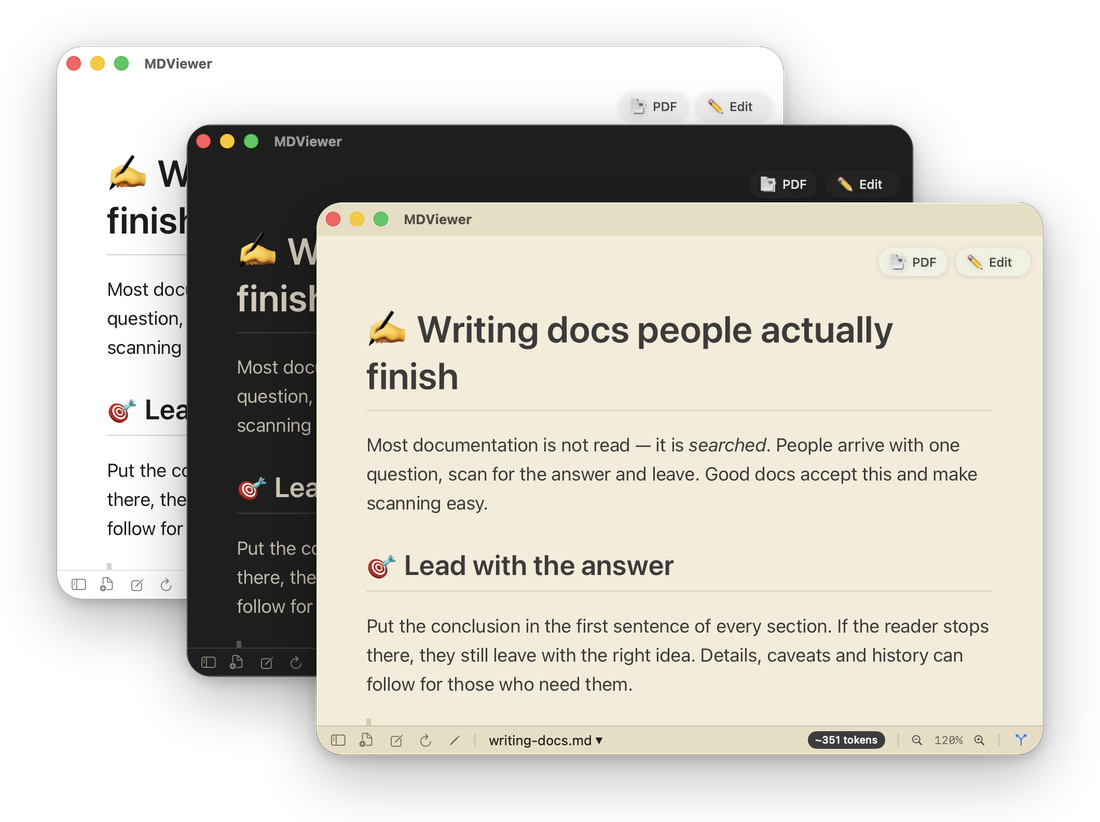 The same document in MDViewer's Light, Dark and Sepia themes